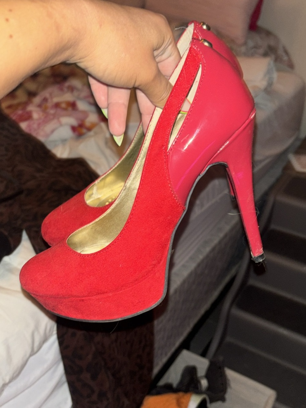 Guess Red Suede & Patent Platform Pumps